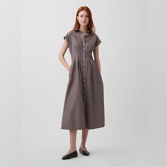 GAP Dresses & Skirts - Gap Poplin Cinched Midi Shirtdress - Brown Stripe - Size M Tall